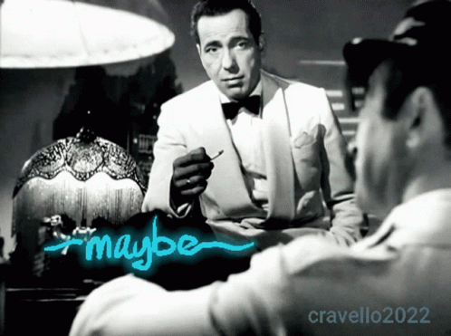 A Man In A Tuxedo Smoking A Cigarette Next To Another Man With The Word Maybe In Blue GIF