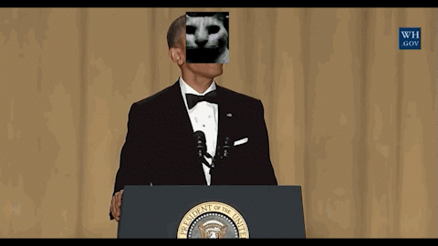 A Man In A Tuxedo Stands At A Podium With The Seal Of The President Of The United States GIF