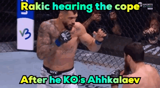 A Man In A Ufc Boxing Ring With The Caption Rakic Hearing The Cope After He Ko 'S Ahkalaev GIF