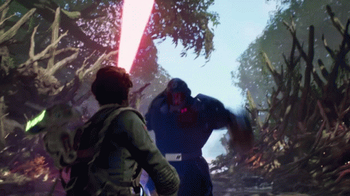 A Man In A Video Game Is Fighting A Monster With A Light Saber GIF