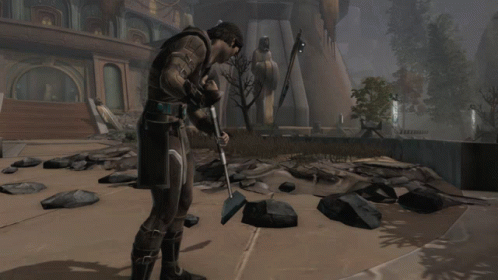 A Man In A Video Game Is Holding A Large Pole GIF