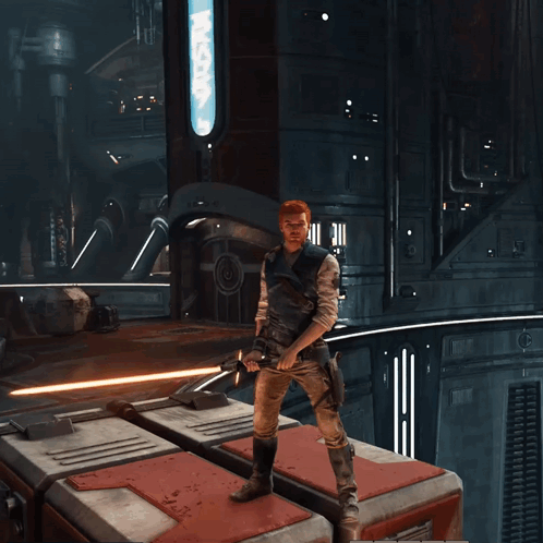 A Man In A Video Game Is Holding A Sword In Front Of A Sign That Says ' Asimov ' GIF