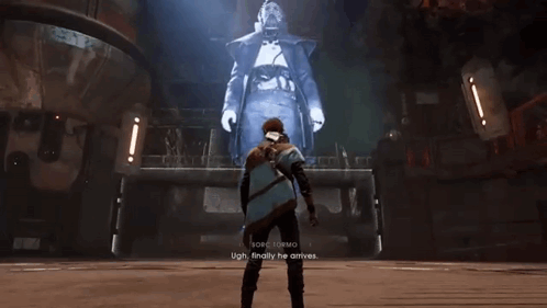 A Man In A Video Game Is Standing In Front Of A Large Screen That Says ' Borc Tormio ' On It . GIF