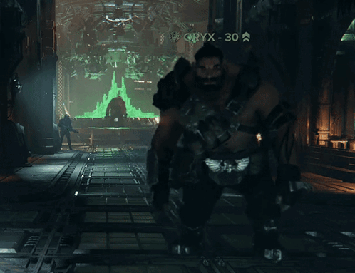 A Man In A Video Game Is Standing In Front Of A Screen That Says Oryx-30 GIF