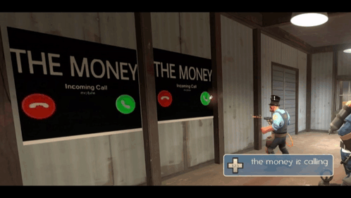 A Man In A Video Game Is Standing In Front Of A Sign That Says The Money Is Calling GIF