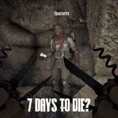 A Man In A Video Game Is Surrounded By Knives And The Words " 7 Days To Die " GIF