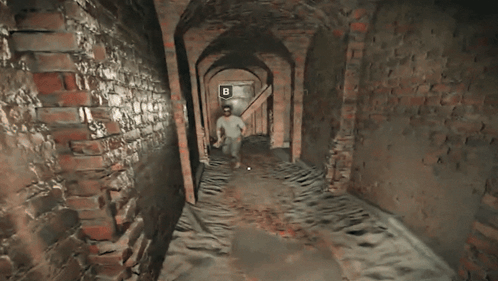 A Man In A Video Game Is Walking Through A Hallway With The Words Hello Chat Written On The Bottom GIF