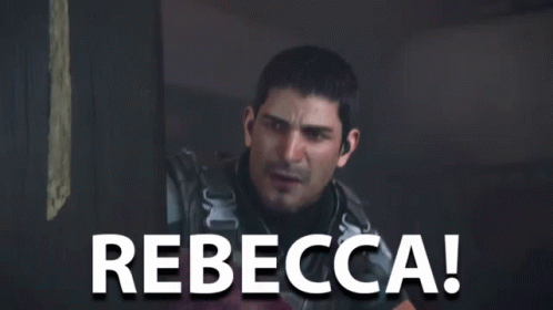 A Man In A Video Game Says Rebecca In White Letters GIF