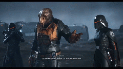 A Man In A Video Game Says " To The Empire ... We 'Re All Just Expendable " GIF