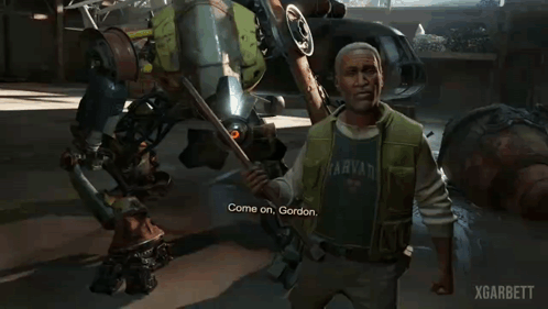 A Man In A Video Game Says " We 'Ve Got Work To Do " In Front Of A Robot GIF