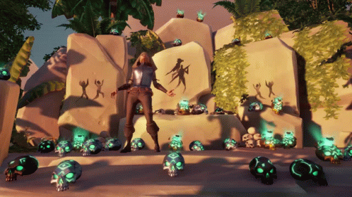 A Man In A Video Game Surrounded By Skulls And Rocks GIF