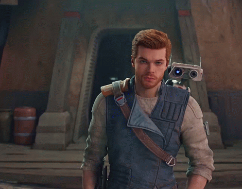 A Man In A Video Game With A Robot On His Shoulder GIF