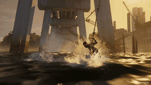 A Man In A Wet Suit Is Riding A Wave In A Video Game GIF