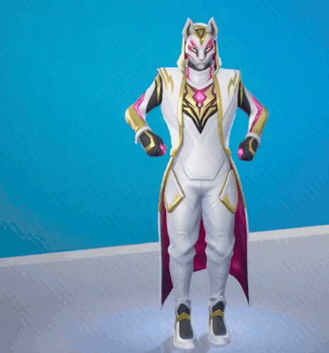 A Man In A White And Gold Outfit With A Pink Cape Stands In Front Of A Blue Wall GIF