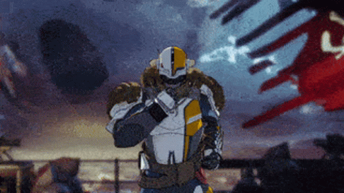 A Man In A White And Yellow Armor With A Helmet On GIF