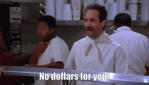 A Man In A White Chef 'S Uniform Says No Dollars For You . GIF