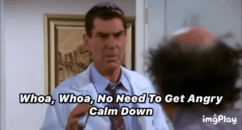a man in a white coat and tie is talking to another man and says whoa whoa no need to get angry calm down