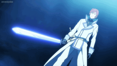 A Man In A White Coat Is Holding A Blue Sword With Animepahe Written On The Bottom Right GIF