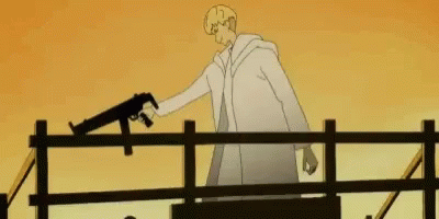 A Man In A White Coat Is Holding A Gun While Standing Next To A Girl . GIF