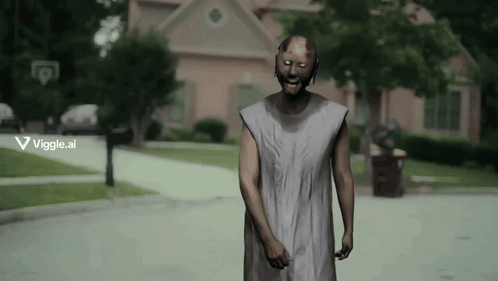 A Man In A White Dress Is Walking Down A Street With A Viggle.ai Logo In The Background GIF