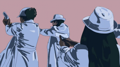 A Man In A White Hat Is Pointing A Gun At Another Man In A White Trench Coat GIF