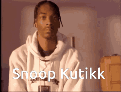 A Man In A White Hoodie With The Words Snoop Kutikk On The Bottom GIF
