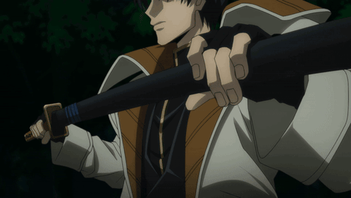 A Man In A White Jacket Is Holding A Large Sword GIF