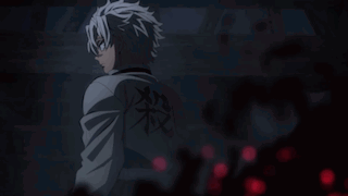 A Man In A White Jacket With Chinese Writing On The Back Is Standing In The Dark . GIF