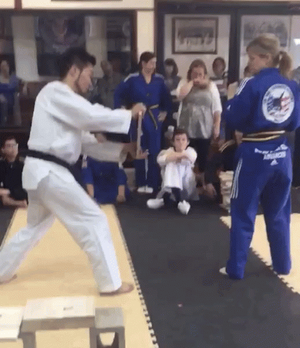 A Man In A White Karate Uniform Is Fighting Another Man In A Blue Karate Uniform . GIF