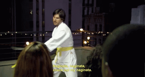 A Man In A White Karate Uniform With A Yellow Belt Says " Naginata Naginata Check Out My Naginata " GIF