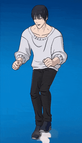 A Man In A White Shirt And Black Pants Is Dancing In Front Of A Blue Background GIF
