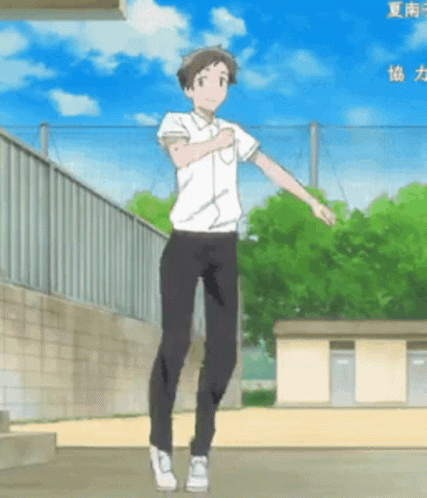 A Man In A White Shirt And Black Pants Is Dancing In Front Of A Fence . GIF
