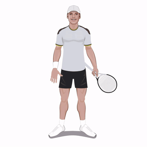 A Man In A White Shirt And Black Shorts Is Holding A Tennis Racket GIF