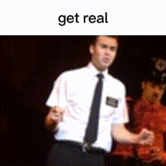 A Man In A White Shirt And Black Tie Is Standing In Front Of A Black Background With The Words Get Real On The Bottom GIF