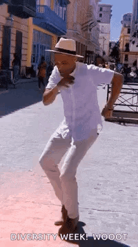 A Man In A White Shirt And Hat Is Dancing On A Street . GIF