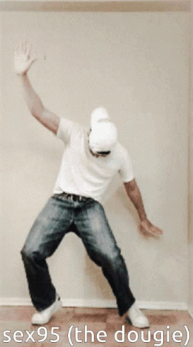 A Man In A White Shirt And Jeans Is Dancing With The Words Sex95 ( The Dougie ) Above Him GIF