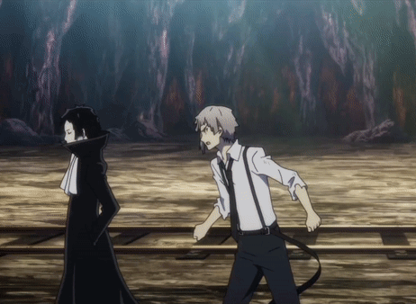 A Man In A White Shirt And Suspenders Is Standing Next To A Man In A Black Coat GIF