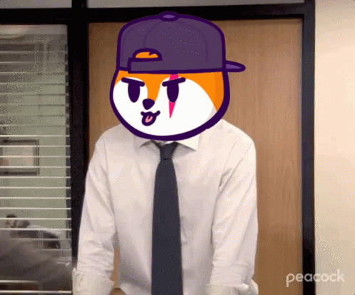 A Man In A White Shirt And Tie Has A Cartoon Character On His Head GIF