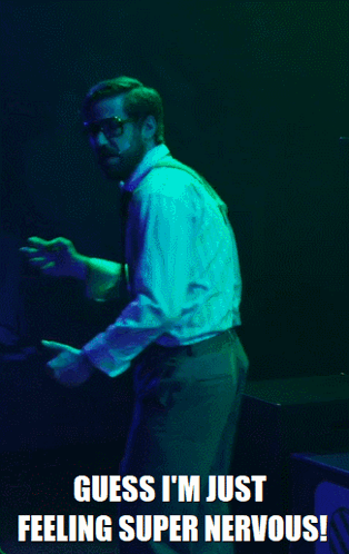 A Man In A White Shirt And Tie Is Dancing With The Caption Guess I 'M Just Feeling Super Nervous !. GIF