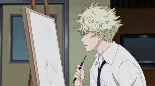 A Man In A White Shirt And Tie Is Holding A Brush In Front Of A White Board GIF