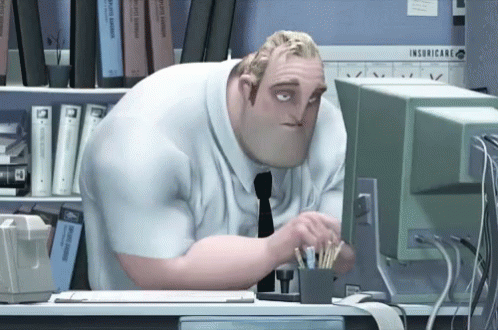 A Man In A White Shirt And Tie Is Looking At A Computer Screen In Front Of A Sign That Says Insufficiaria GIF