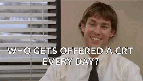 A Man In A White Shirt And Tie Is Smiling And Asking Who Gets Offered A Crt Every Day ? GIF