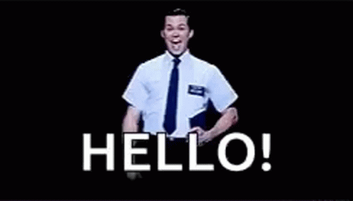 A Man In A White Shirt And Tie Is Standing In Front Of A Black Background With The Words `` Hello '' Written On It . GIF