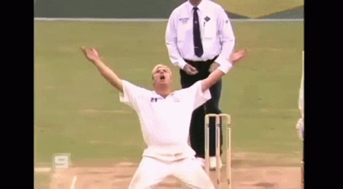 A Man In A White Shirt And Tie Is Standing On A Cricket Field With His Arms In The Air . GIF
