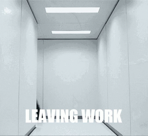 A Man In A White Shirt And Tie Is Walking Down A Hallway That Says Leaving Work On The Wall GIF
