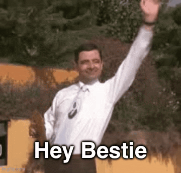 A Man In A White Shirt And Tie Is Waving His Hand And Says Hey Bestie . GIF