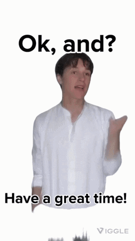 A Man In A White Shirt Is Dancing And Says Ok And Have A Great Time GIF