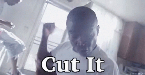A Man In A White Shirt Is Flexing His Muscles And The Words Cut It Are Above Him GIF