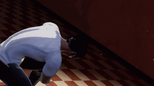 A Man In A White Shirt Is Holding A Glowing Object In His Hand On A Checkered Floor . GIF