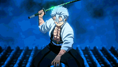 A Man In A White Shirt Is Holding A Green Sword In His Hand GIF
